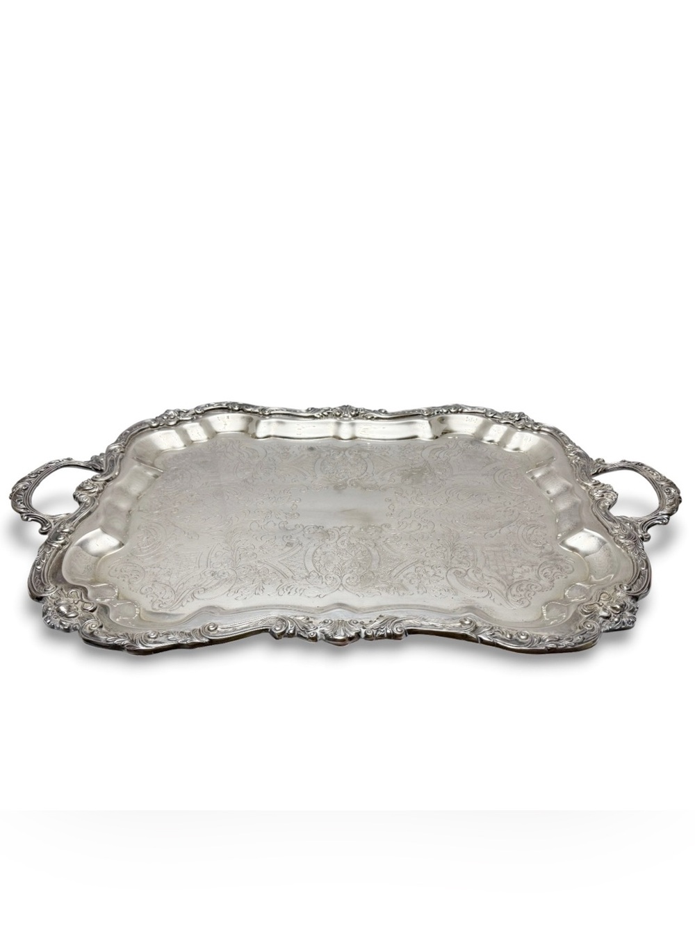 Vintage Sheridan Silverplate Brass Footed Butler Serving Tray Handles 29 7/8”